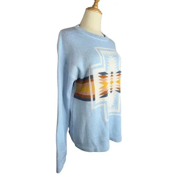 Pendleton Woolen Mills Light Blue Aztec Sweater Top Pullover Cotton Size Medium - Picture 2 of 11